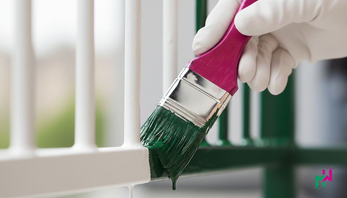 Hand streicht mit einem Pinsel ein grünes Metallgeländer