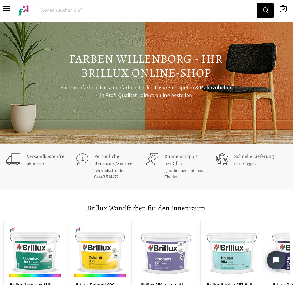 Startseite des Onlineshops Farben Willenborg